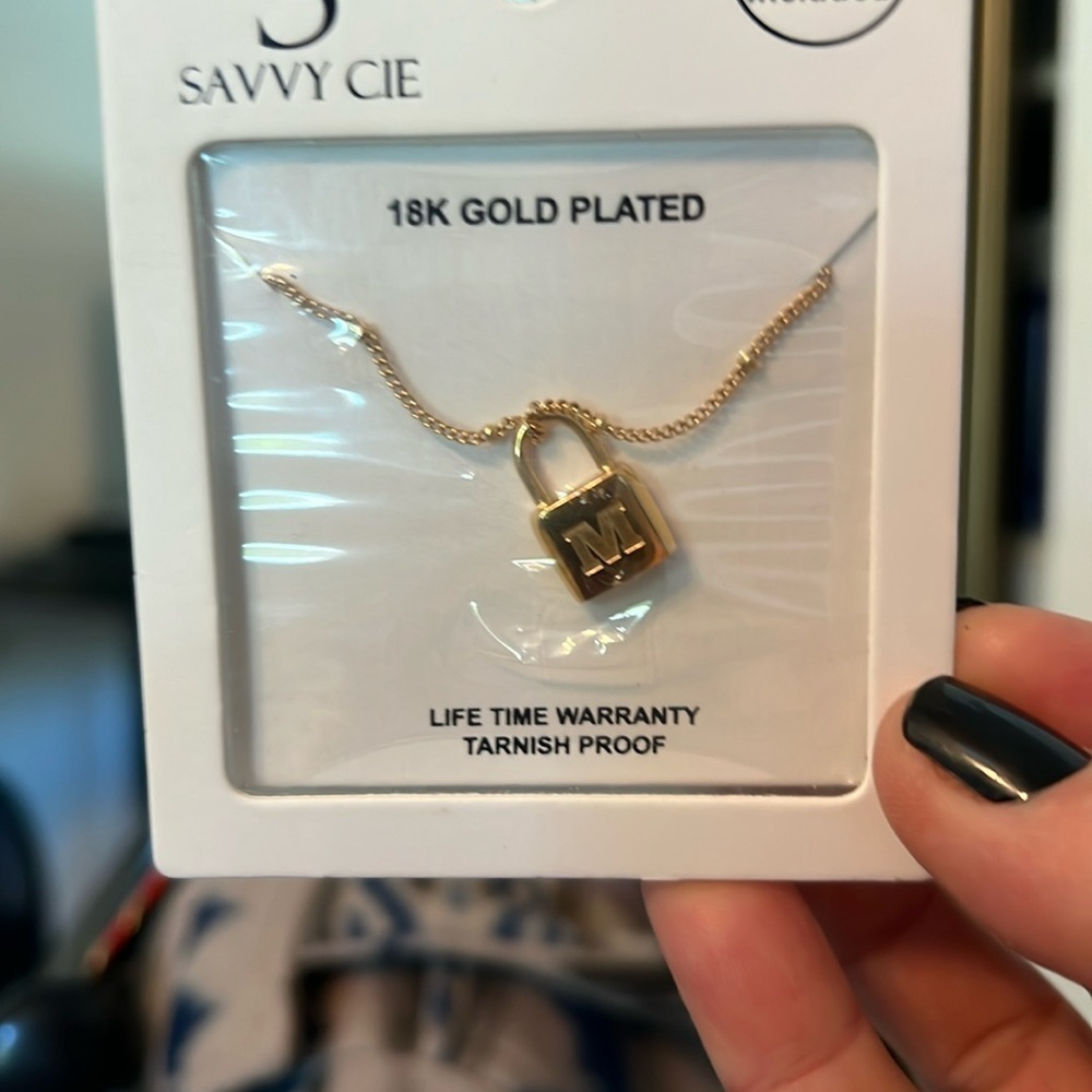 NWT Savvy Cie Gold Plated M Lock Pendant and Necklace